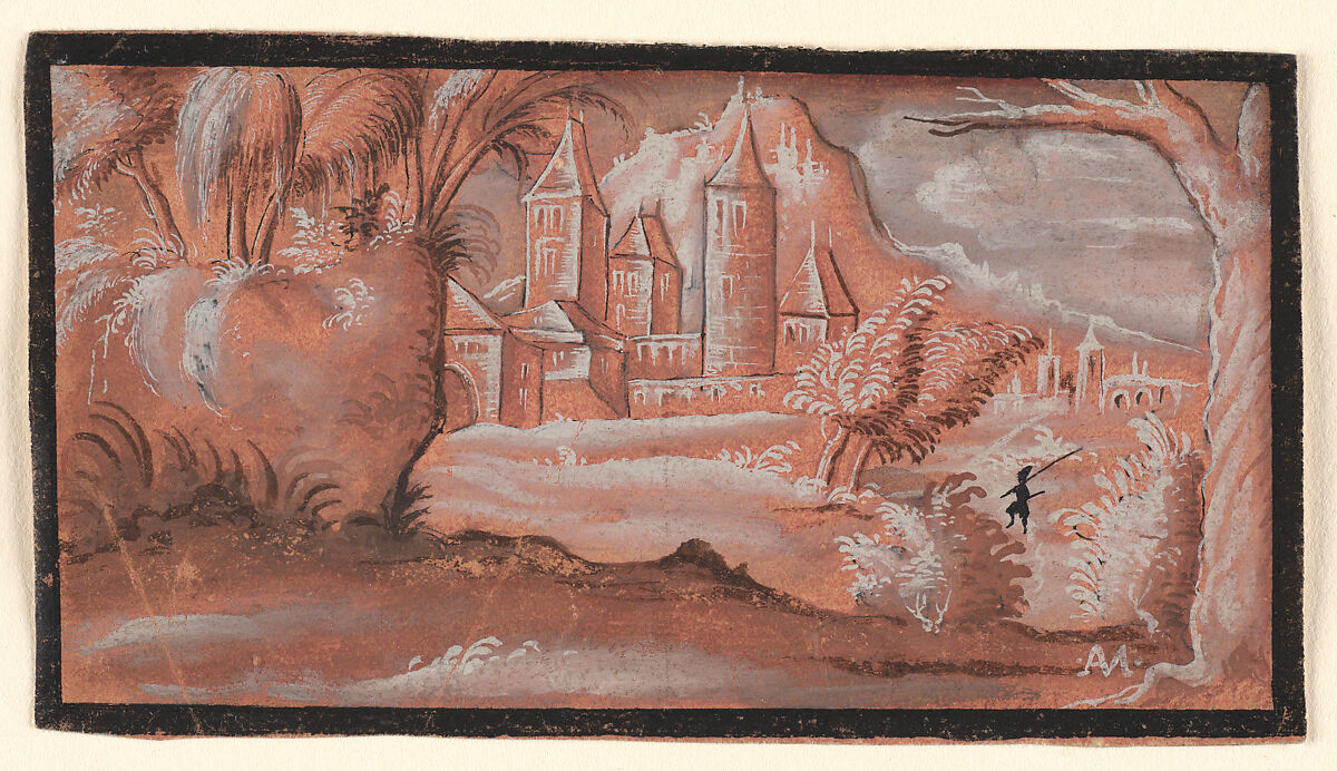 Imaginary Landscape, Monogrammist AM (Germany, ca. 1600), Brush and black ink and gray washes heightened with white gouache on reddish prepared paper, German 