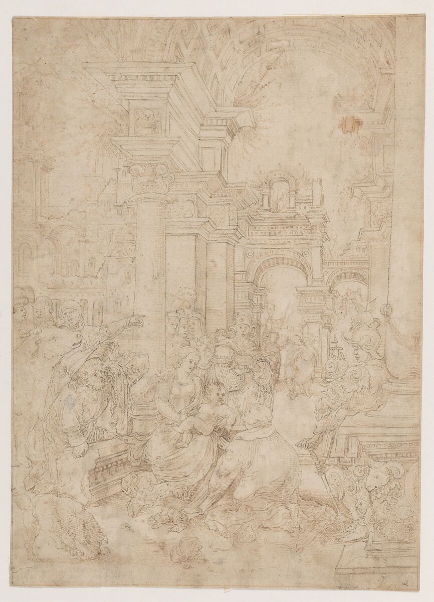 Adoration of the Magi, Flemish  , first quarter of the sixteenth century, Pen and light brown and grayish brown ink over traces of black chalk; original borderline all around., Flemish, Antwerp 