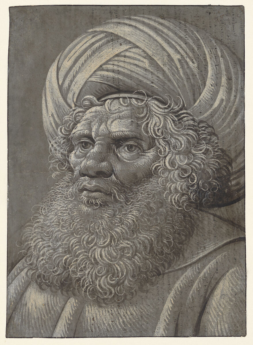 Head of a Bearded Man Wearing a Turban (recto); Latin script (verso), Master of the Death of Absalom (?) (active. ca. 1490-1510), Brush and black brown ink heightened with white gouache on slate gray prepared paper. 