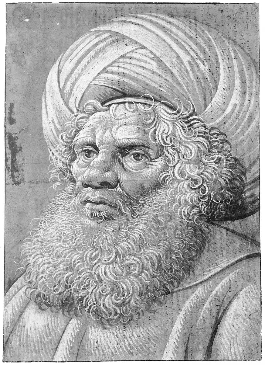 Head of a Bearded Man Wearing a Turban (recto); Latin script (verso), Master of the Death of Absalom (?) (active. ca. 1490-1510), Brush and black brown ink heightened with white gouache on slate gray prepared paper.