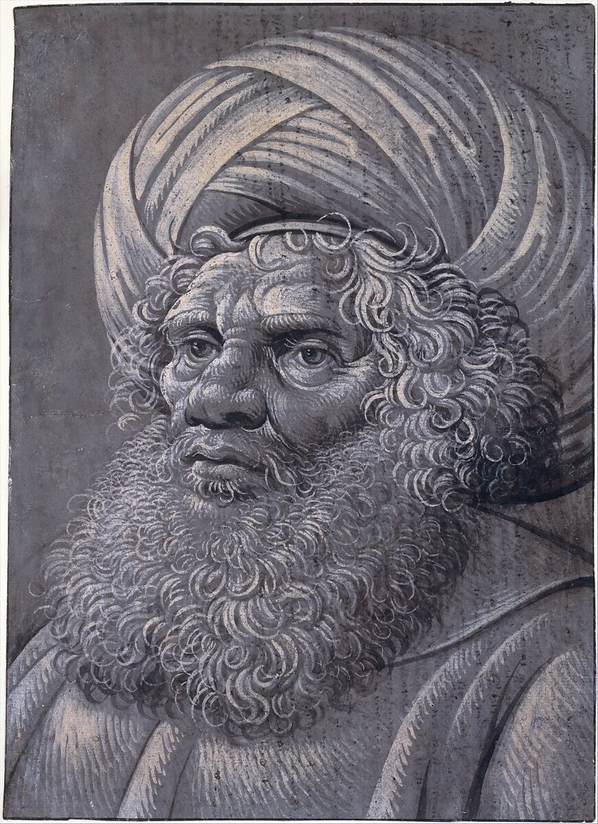 Head of a Bearded Man Wearing a Turban (recto); Latin script (verso), Master of the Death of Absalom (?) (active. ca. 1490-1510), Brush and black brown ink heightened with white gouache on slate gray prepared paper.