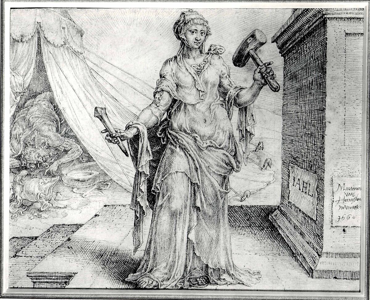 Jael, Maarten van Heemskerck (Netherlandish, Heemskerck 1498–1574 Haarlem), Pen and black ink over black chalk; traced for transfer; remains of original borderline at the top and bottom left