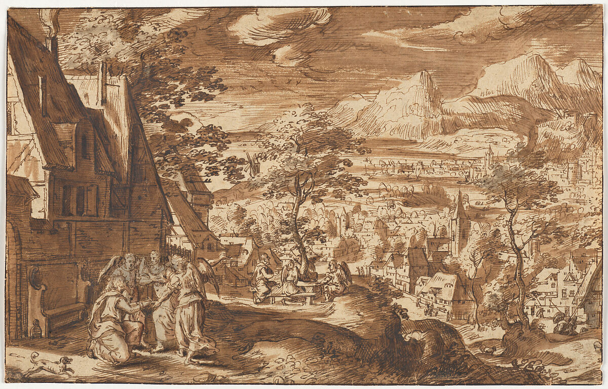 Landscape with Abraham and the Angels, Copy after Hans Bol, Pen and brown ink and a little gray wash, Flemish 
