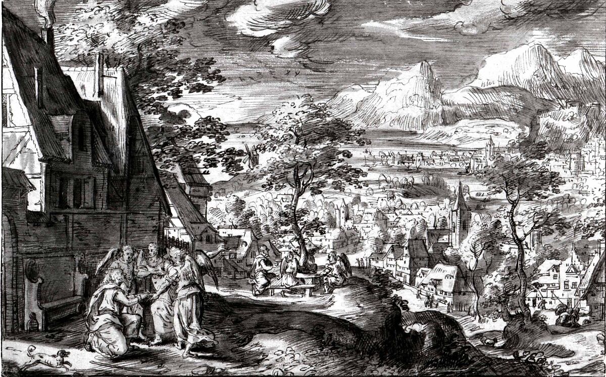Landscape with Abraham and the Angels, Copy after Hans Bol, Pen and brown ink and a little gray wash, Flemish