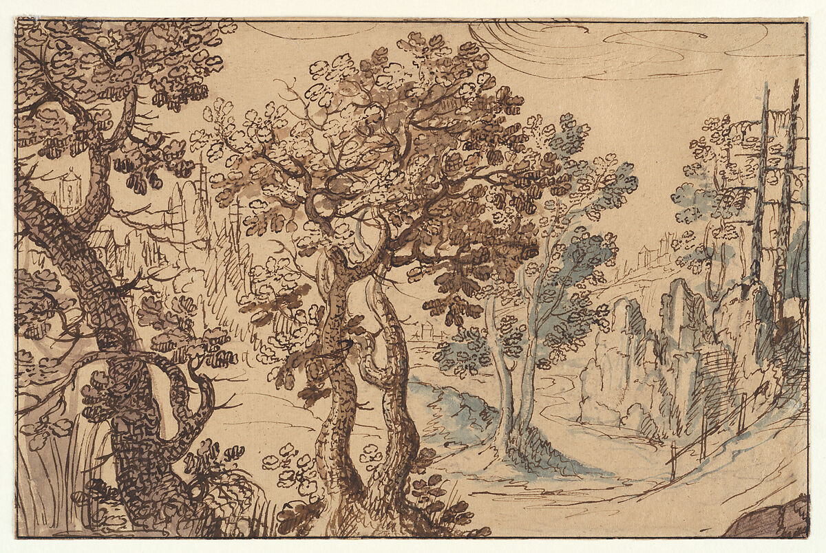 Wooded Landscape, Gillis van Coninxloo (Netherlandish, Antwerp 1544–1607 Amsterdam) Style of, Pen and brown ink, brush and brown and blue ink and washes in the same colors, Netherlandish 