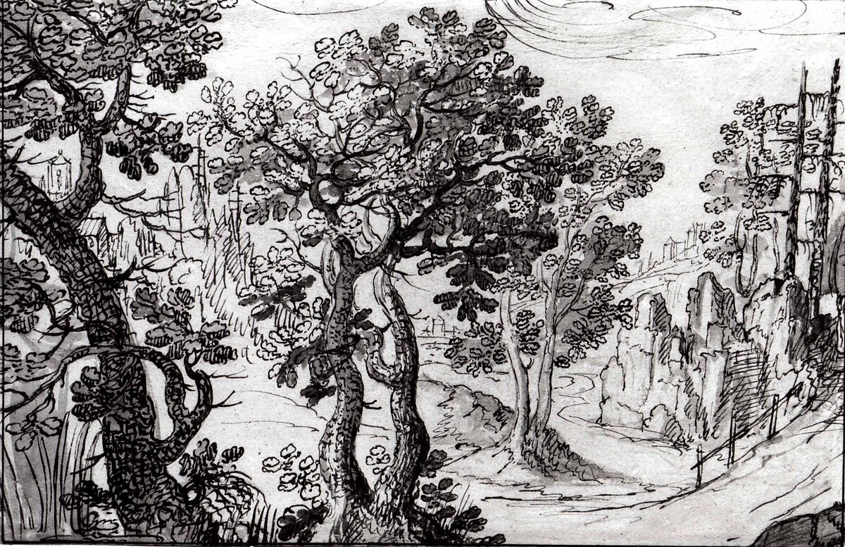 Wooded Landscape, Gillis van Coninxloo (Netherlandish, Antwerp 1544–1607 Amsterdam) Style of, Pen and brown ink, brush and brown and blue ink and washes in the same colors, Netherlandish