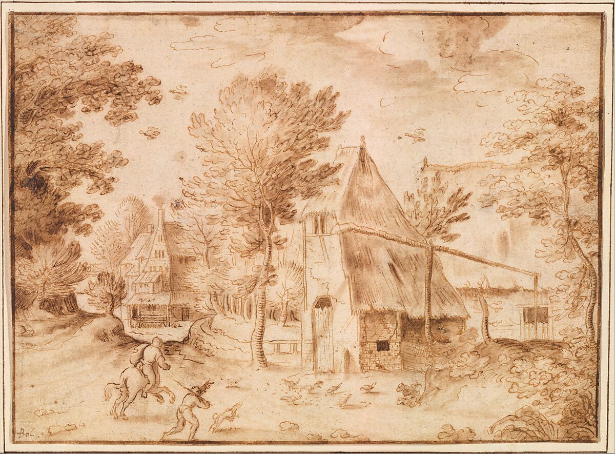 Travelers at a Village, Copy after Joos van Liere (Master of the Small Landscapes), Pen and brown ink, gray wash, Flemish 