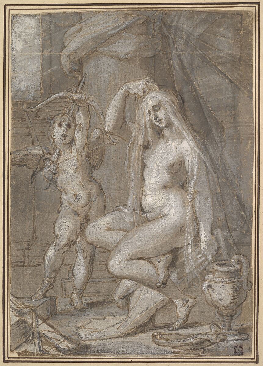 Venus and Amor, Bartholomeus Spranger (Netherlandish, Antwerp 1546–1611 Prague), Pen and brown ink, light and dark brown and gray wash, heightened with white (partially oxidized); traced for transfer. 