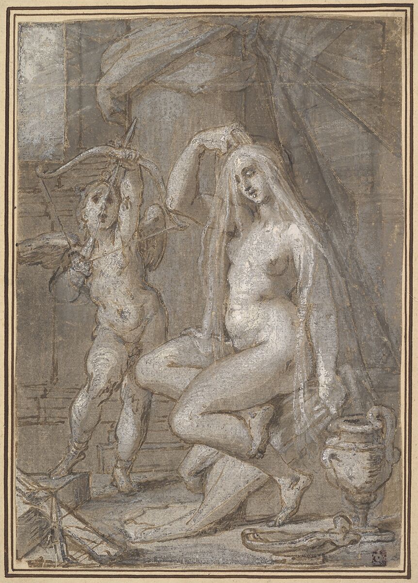 Venus and Amor, Bartholomeus Spranger  Netherlandish, Pen and brown ink, light and dark brown and gray wash, heightened with white (partially oxidized); traced for transfer.