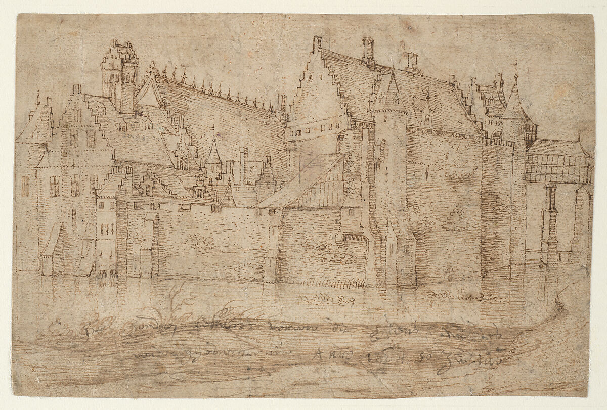 Tervueren Castle, Flanders (1604 (?)), Pen and brown ink, brush and brown ink, over traces of black chalk.
On the verso, in pen and brown ink, studies of five figures standing near a tree, and some mathematical calculations., Flemish 