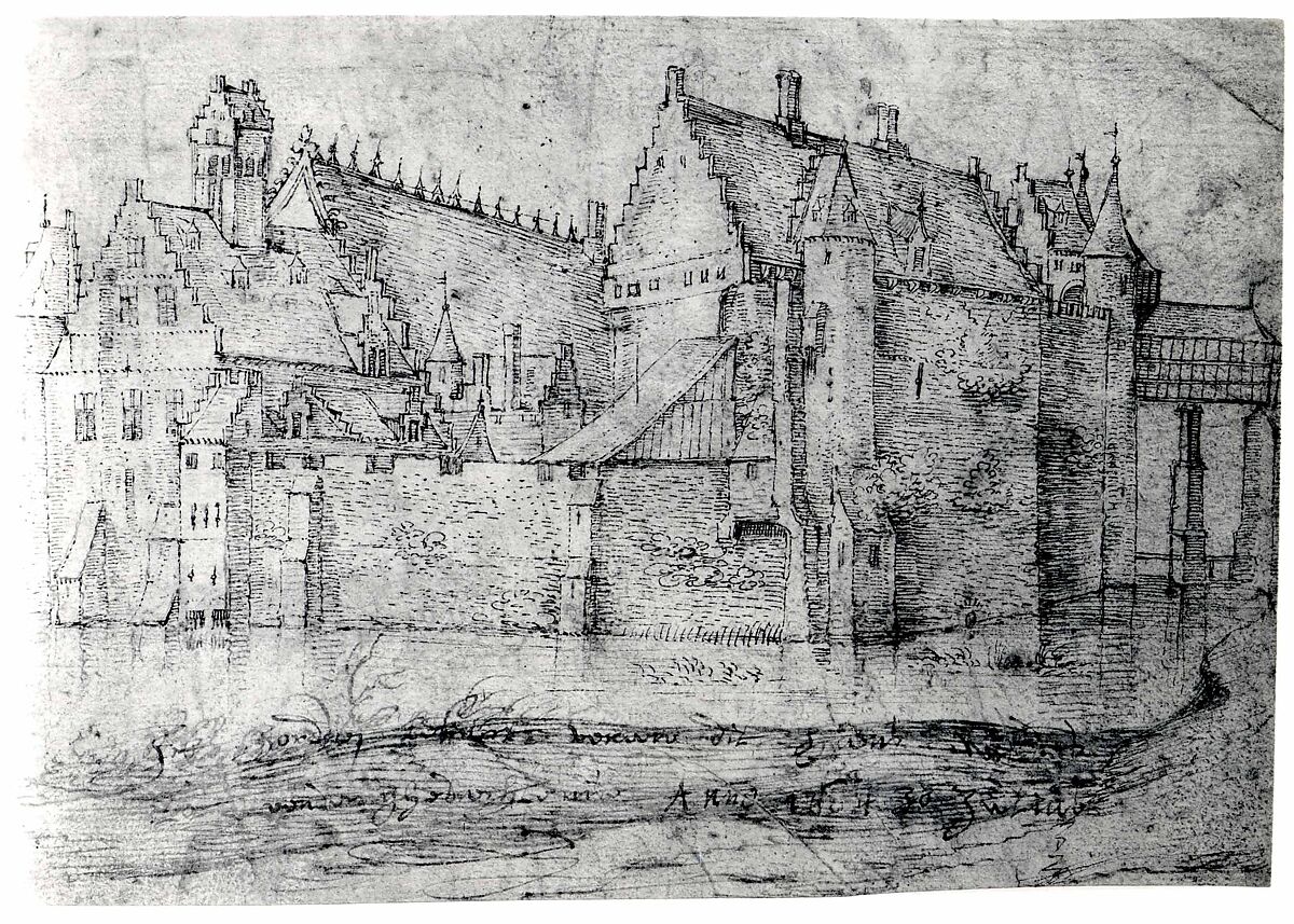 Tervueren Castle, Flanders (1604 (?)), Pen and brown ink, brush and brown ink, over traces of black chalk.
On the verso, in pen and brown ink, studies of five figures standing near a tree, and some mathematical calculations., Flemish