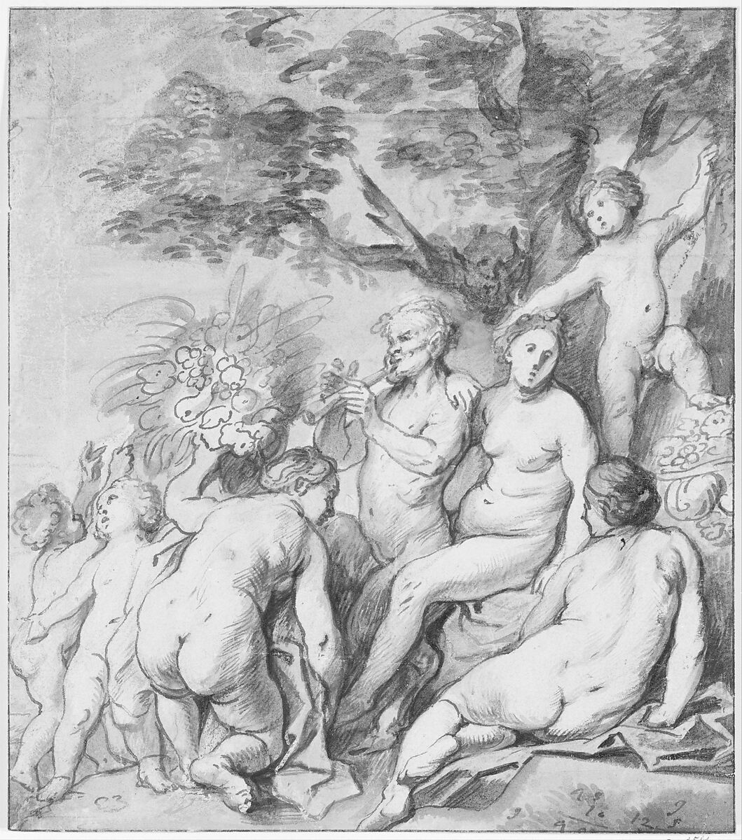 Allegory of Fertility (Recto), Jacob Jordaens (Flemish, Antwerp 1593–1678 Antwerp), Pen and brush and brown ink, watercolor, over traces of preliminary drawing in black chalk.
Verso in black chalk.