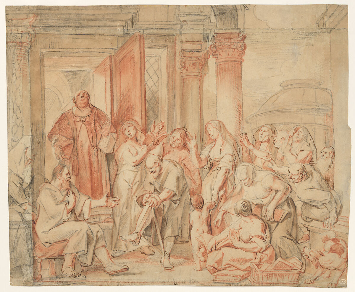 Saint Philip Healing the Cripple in Samaria, Jacob Jordaens (Flemish, Antwerp 1593–1678 Antwerp), Red and black chalk, reddish brown and gray wash; paper extended 3 cm. at the left and top by the artist (similar extensions at the right and bottom margins may have been removed). 