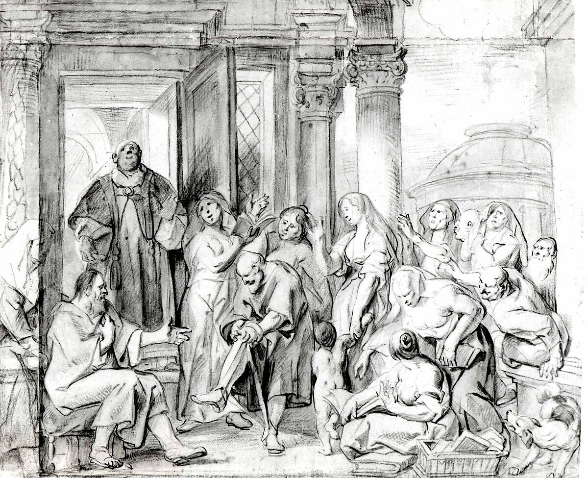 Saint Philip Healing the Cripple in Samaria, Jacob Jordaens (Flemish, Antwerp 1593–1678 Antwerp), Red and black chalk, reddish brown and gray wash; paper extended 3 cm. at the left and top by the artist (similar extensions at the right and bottom margins may have been removed).