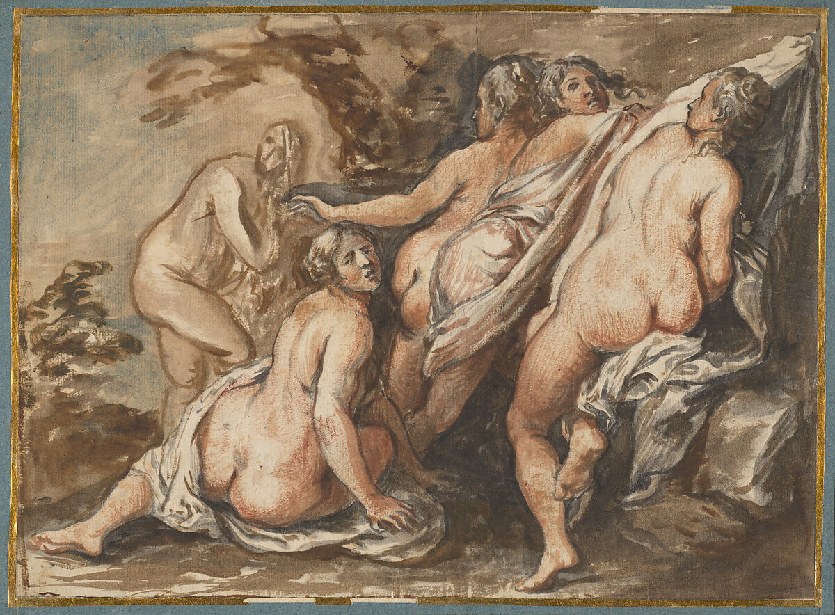 Nymphs Suprised, School of Jacob Jordaens (Flemish, Antwerp 1593–1678 Antwerp), Brush and brown and gray ink, brown and gray washes over red chalk and traces of black chalk, some blue chalk. 