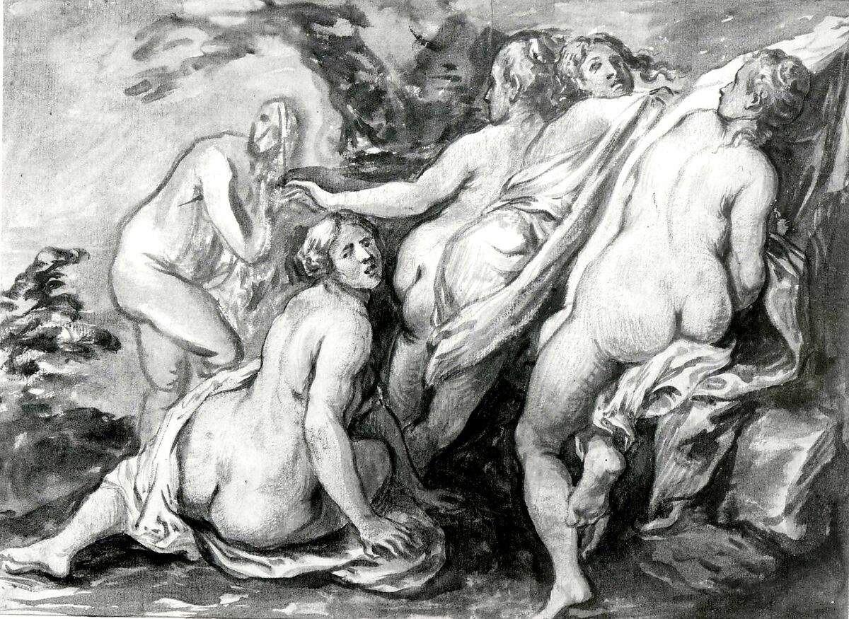 Nymphs Suprised, School of Jacob Jordaens (Flemish, Antwerp 1593–1678 Antwerp), Brush and brown and gray ink, brown and gray washes over red chalk and traces of black chalk, some blue chalk.
