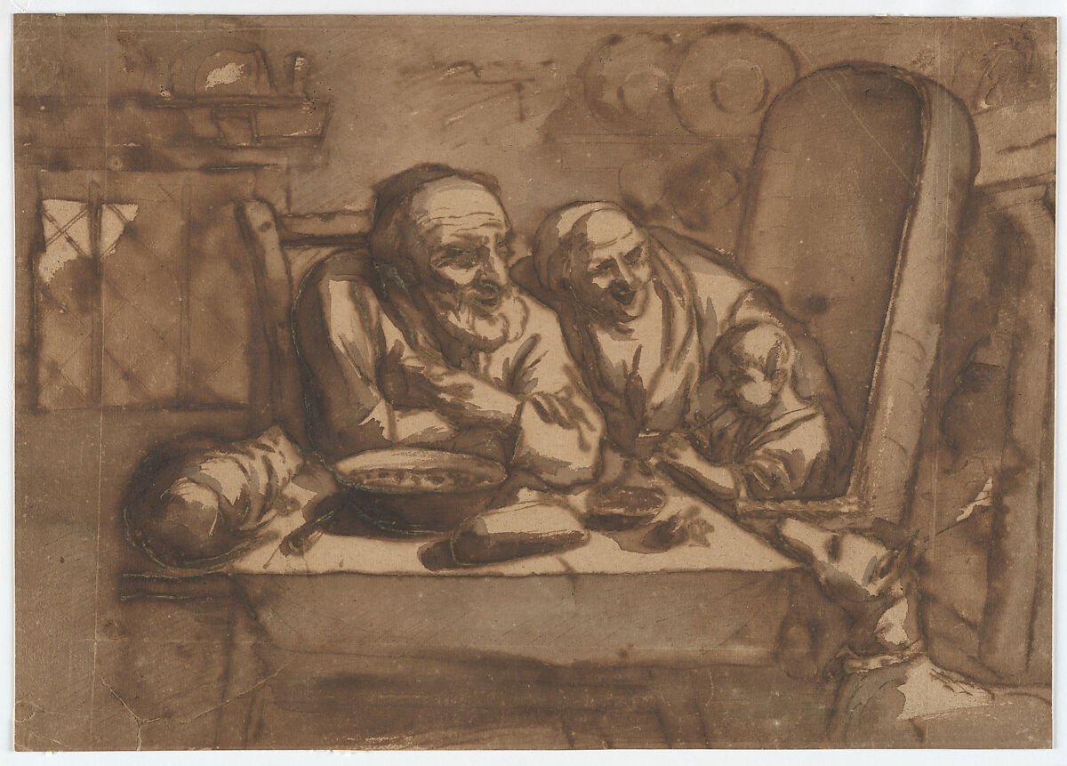 Old Couple with a Child Playing a Pipe, Follower of Jacob Jordaens (Flemish, Antwerp 1593–1678 Antwerp), Pen and brush and brown gallnut ink, brown and grayish brown washes. 