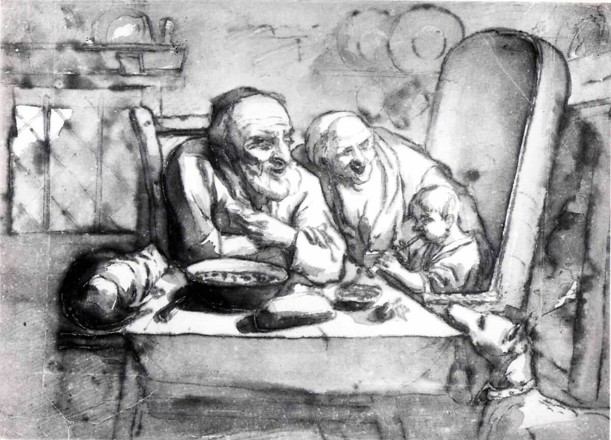 Old Couple with a Child Playing a Pipe, Follower of Jacob Jordaens (Flemish, Antwerp 1593–1678 Antwerp), Pen and brush and brown gallnut ink, brown and grayish brown washes.