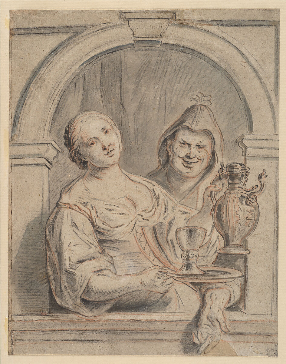 The Young Woman and the Jester, Copy after Jacob Jordaens (Flemish, Antwerp 1593–1678 Antwerp), Black chalk and pen and brown ink, red chalk, and gray wash, heightened with white (oxidized) 