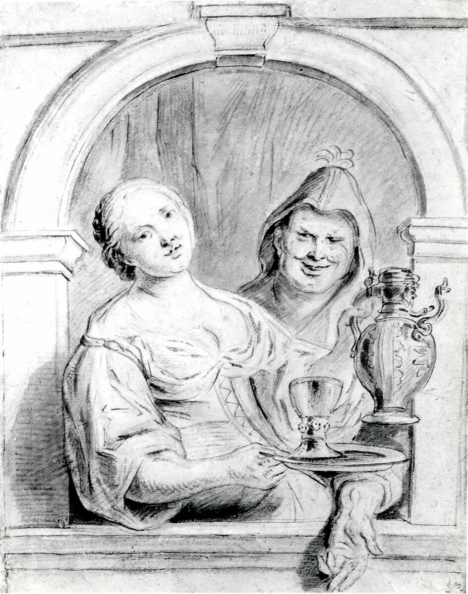 The Young Woman and the Jester, Copy after Jacob Jordaens (Flemish, Antwerp 1593–1678 Antwerp), Black chalk and pen and brown ink, red chalk, and gray wash, heightened with white (oxidized)