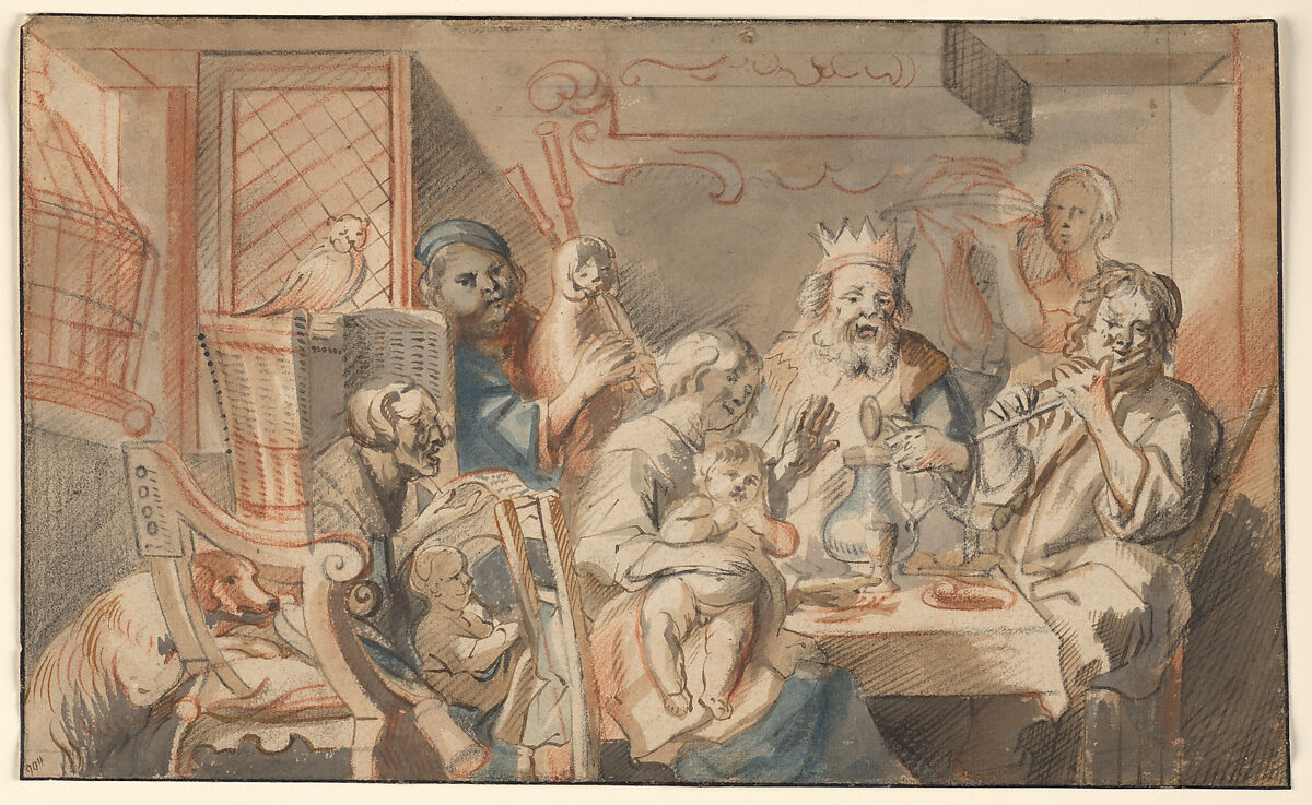 The King Drinks, Copy after Jacob Jordaens (Flemish, Antwerp 1593–1678 Antwerp), Red chalk with brush and gray, blue, and brown ink, and washes in the same colors over black chalk; remains of a black chalk framing line 