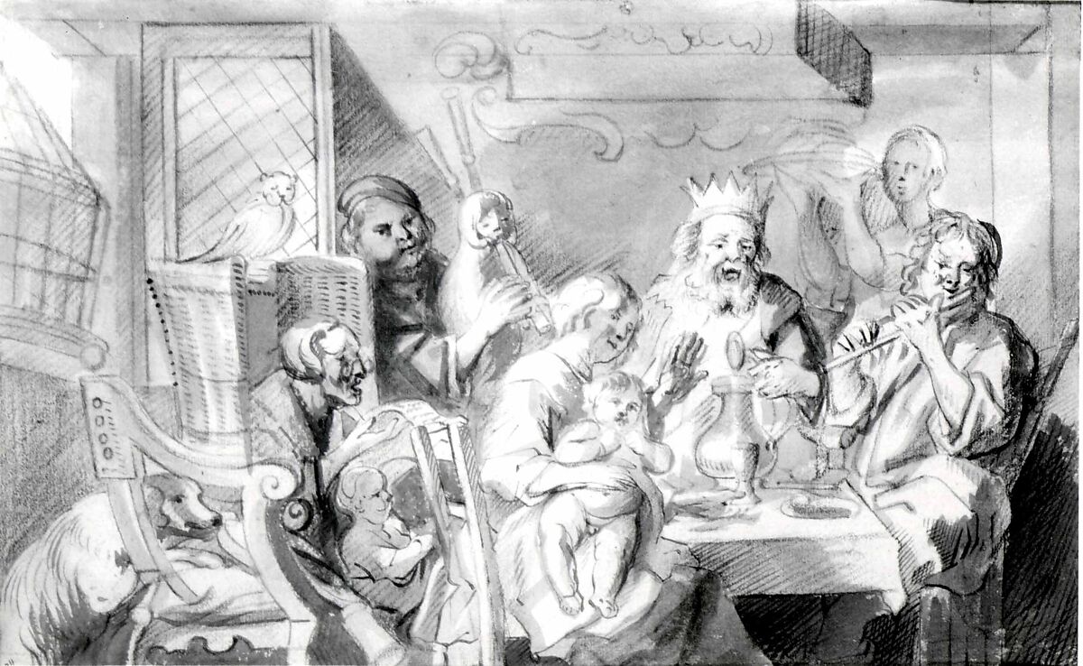 The King Drinks, Copy after Jacob Jordaens (Flemish, Antwerp 1593–1678 Antwerp), Red chalk with brush and gray, blue, and brown ink, and washes in the same colors over black chalk; remains of a black chalk framing line