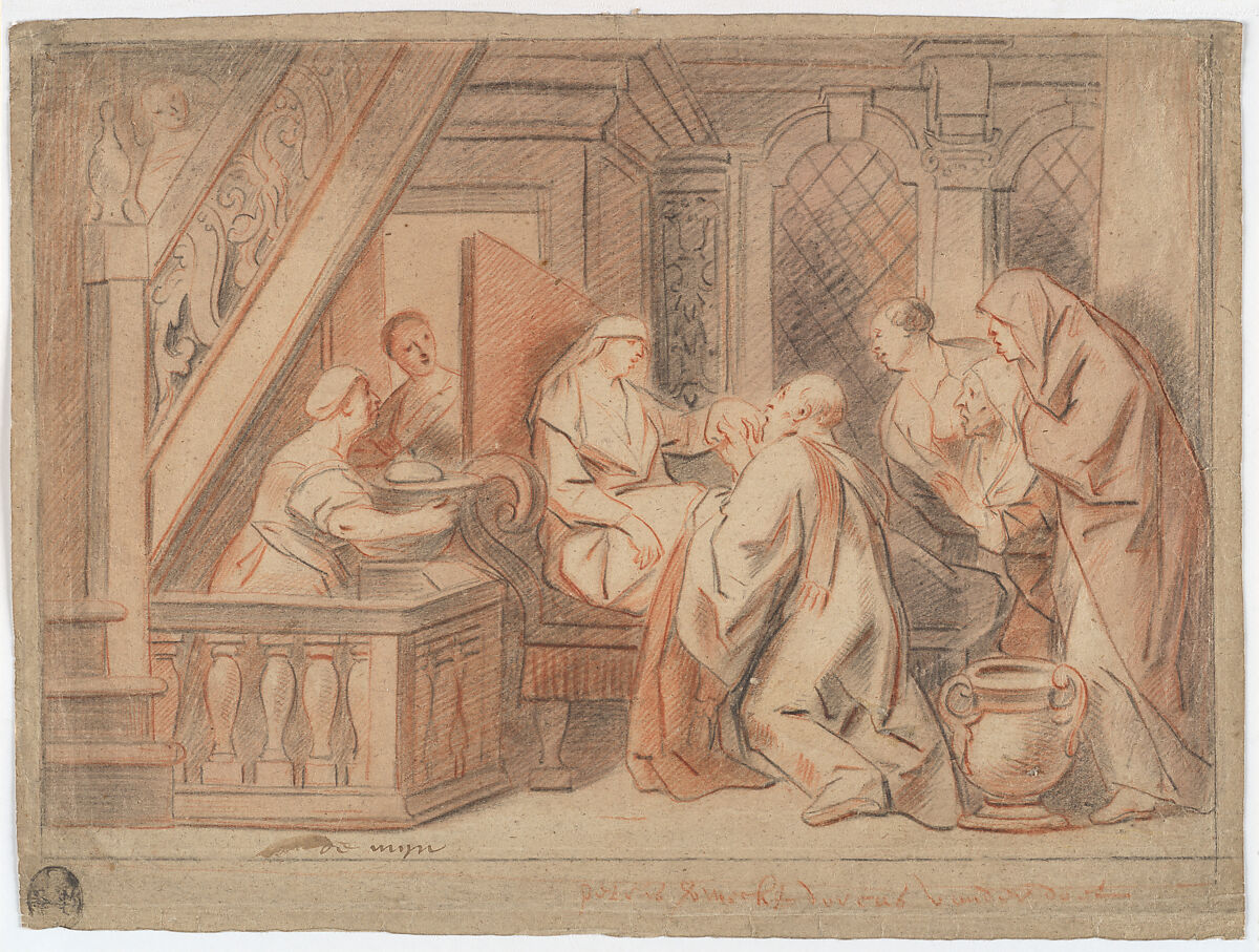 Dorcas Raised From the Dead by Saint Peter, Copy after Jacob Jordaens (Flemish, Antwerp 1593–1678 Antwerp), Red and black chalk; margins left blank by the artist (2.5 cm., at the bottom and .5 - .8 cm. on the top and sides) 