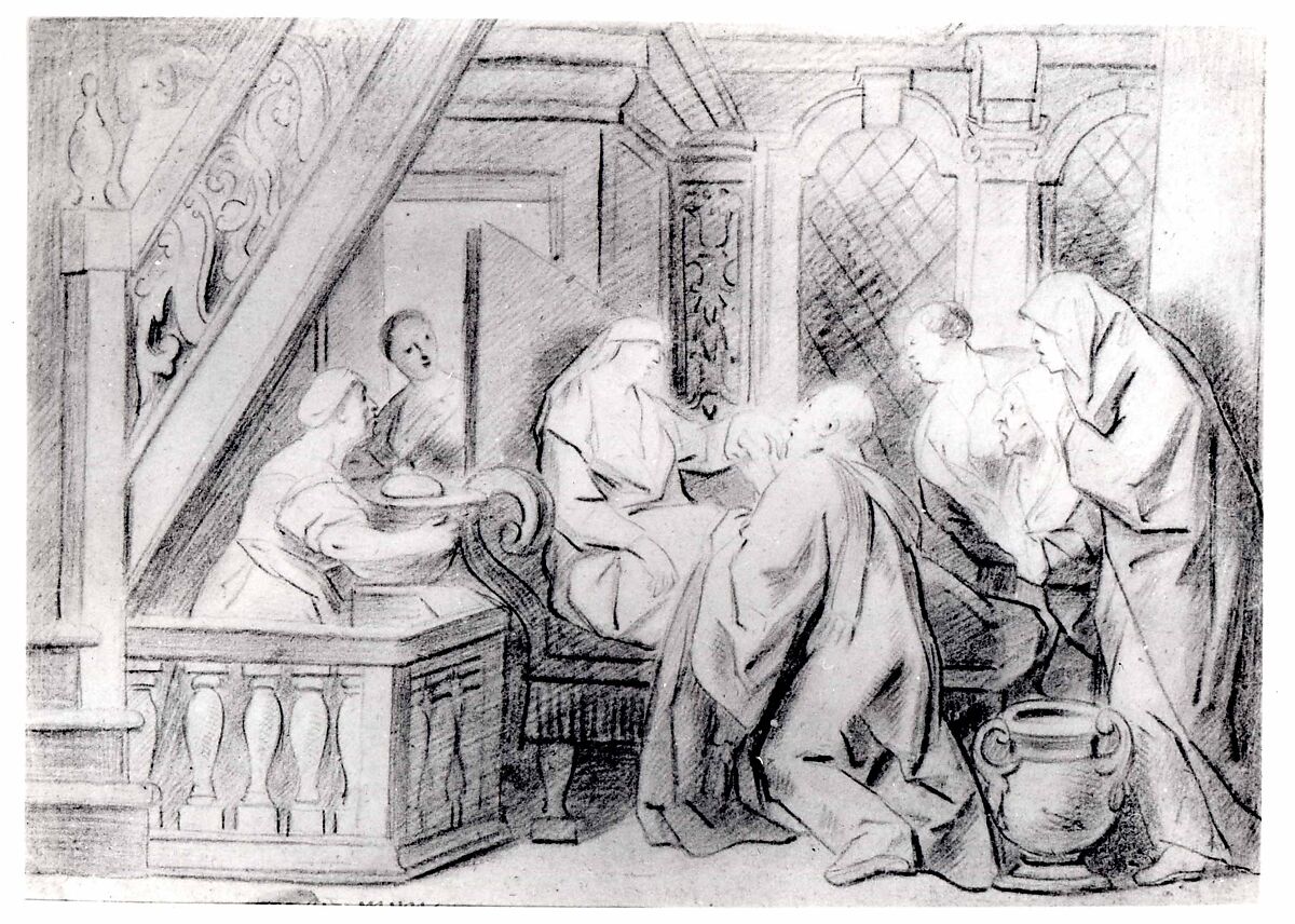 Dorcas Raised From the Dead by Saint Peter, Copy after Jacob Jordaens (Flemish, Antwerp 1593–1678 Antwerp), Red and black chalk; margins left blank by the artist (2.5 cm., at the bottom and .5 - .8 cm. on the top and sides)