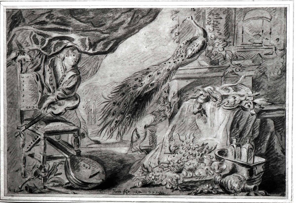 Still Life of Fruit, Musical Instruments, and Venison, with a Young Man at the Left, Copy after Jan Fijt (Antwerp 1611–Antwerp 1661), Brush and brown ink and greasy brownish black chalk over black chalk, heightened with white.