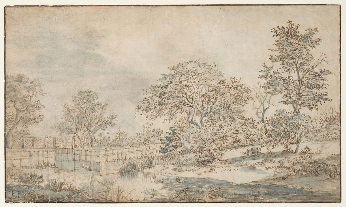 Landscape with a Bridge, Flanders (mid-seventeenth century), Pen and brown ink, brush and bluish gray wash over traces of graphite, Flemish 
