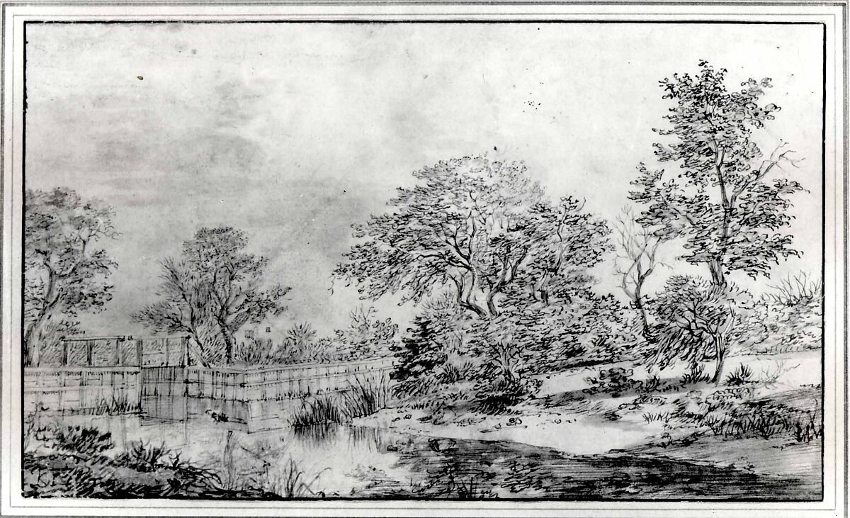 Landscape with a Bridge, Flanders (mid-seventeenth century), Pen and brown ink, brush and bluish gray wash over traces of graphite, Flemish