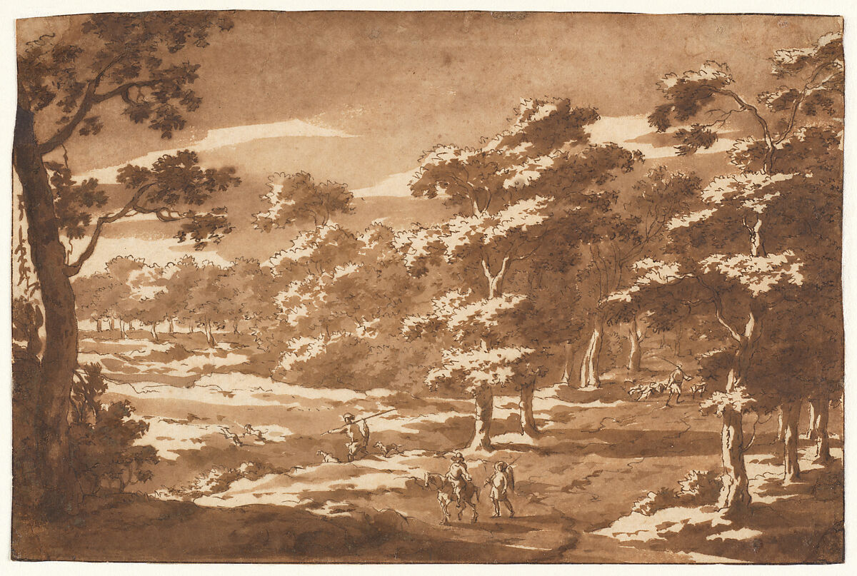 Forest Clearing with Figures, Jan Frans van Bloemen (Flemish, Antwerp 1662–1749 Rome) (?), Pen and brown ink, brown wash on paper backed with Japan paper. 