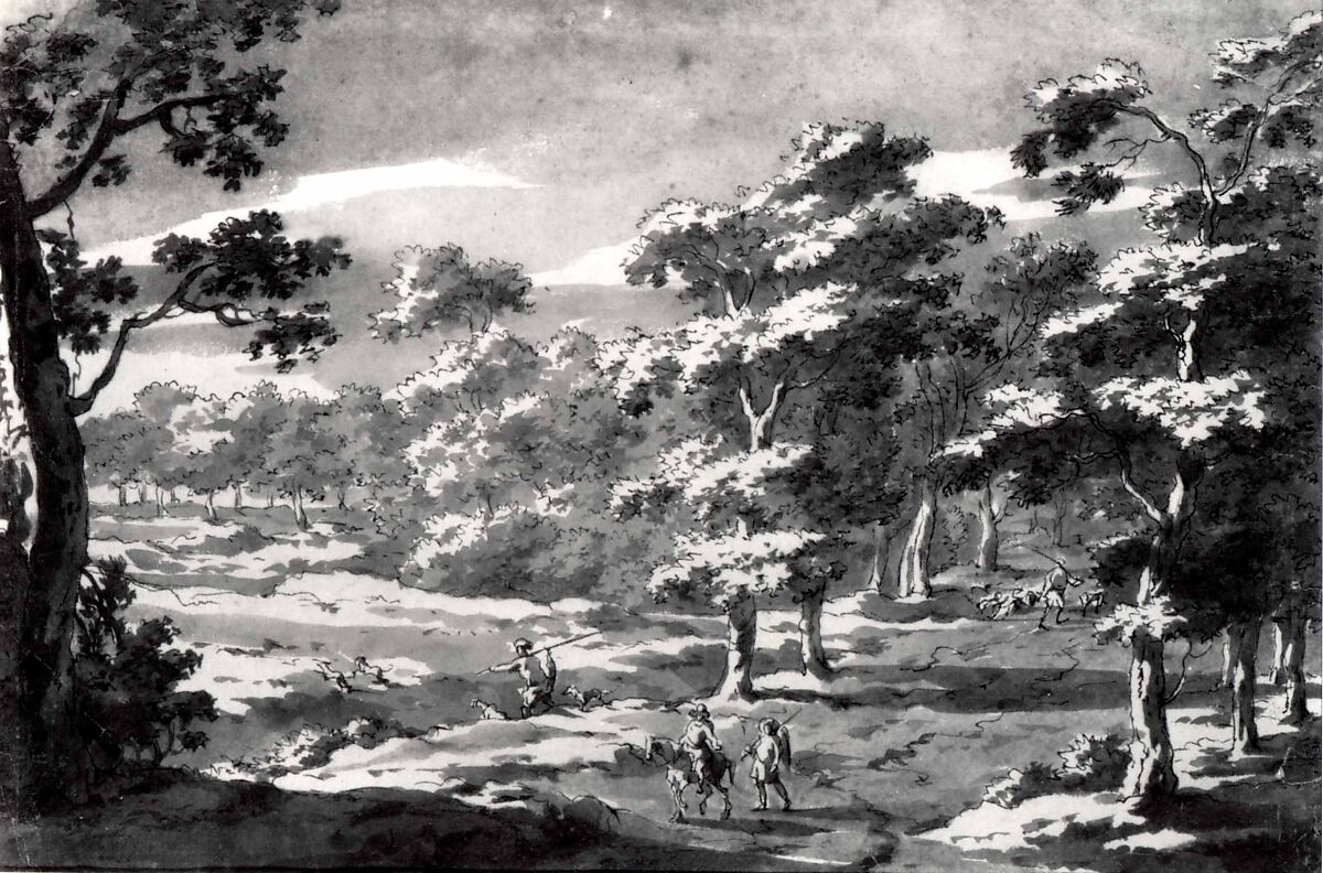 Forest Clearing with Figures, Jan Frans van Bloemen (Flemish, Antwerp 1662–1749 Rome) (?), Pen and brown ink, brown wash on paper backed with Japan paper.