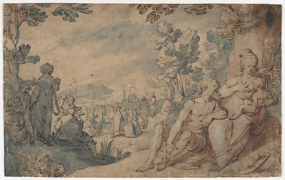 The Preaching of Saint John the Baptist, Gerrit Pietersz. Sweelink (Netherlandish, Amsterdam 1566–before 1612 (?)), Pen and brown ink, brush and blue and brown ink, blue and brown washes, heightened with white (partly oxidized) 