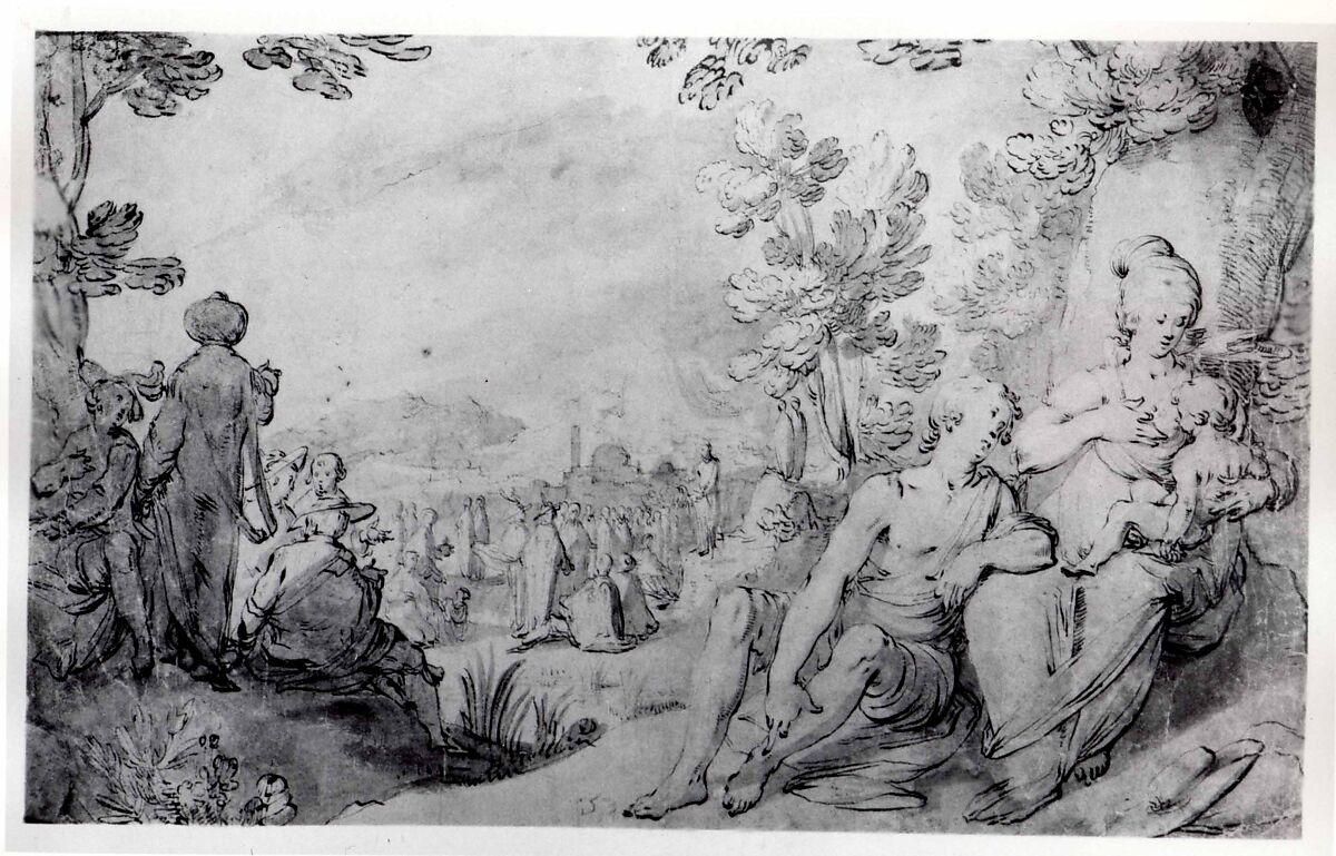 The Preaching of Saint John the Baptist, Gerrit Pietersz. Sweelink (Netherlandish, Amsterdam 1566–before 1612 (?)), Pen and brown ink, brush and blue and brown ink, blue and brown washes, heightened with white (partly oxidized)