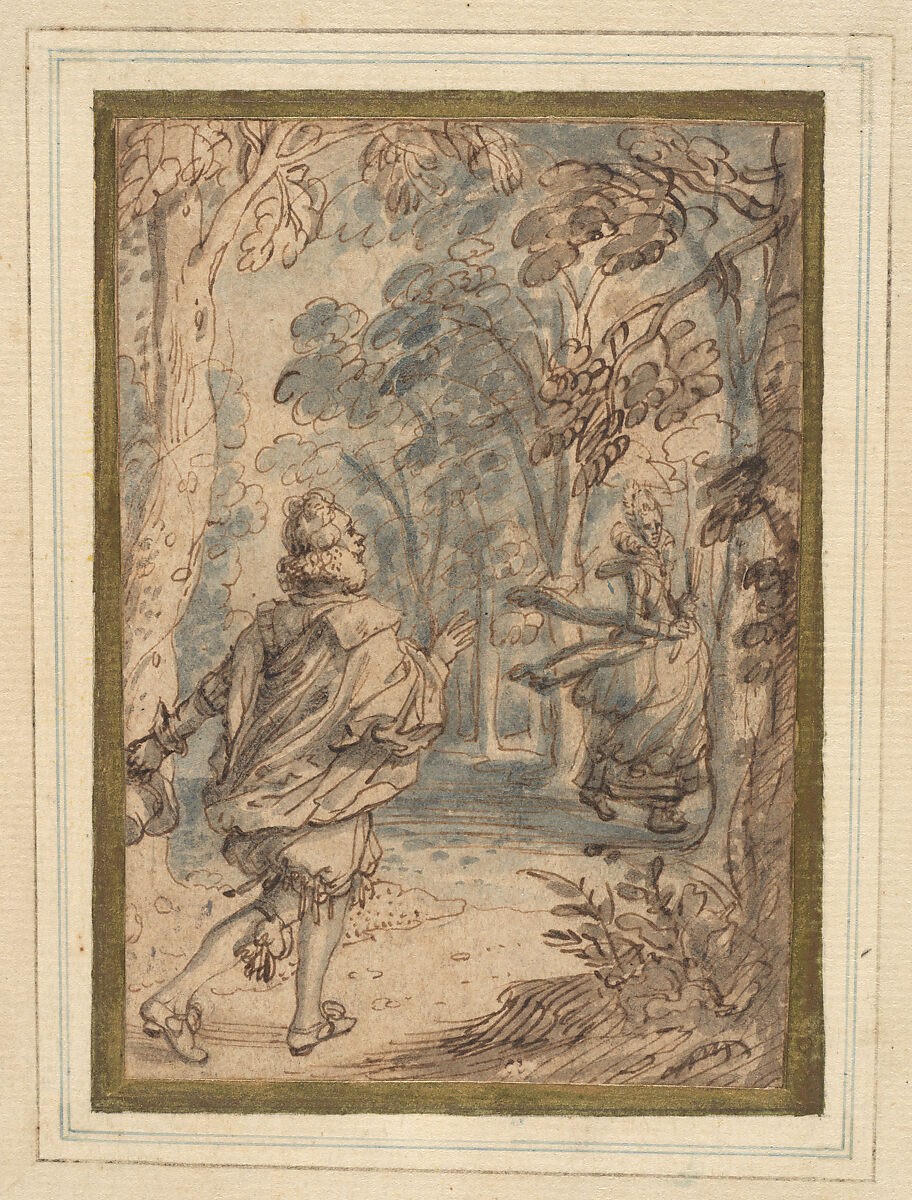 A Young Man Pursuing His Beloved into the Woods, David Vinckboons (Netherlandish, Mechelen 1576–1629 Amsterdam), Pen and brown ink, bluish gray and brown washes. 