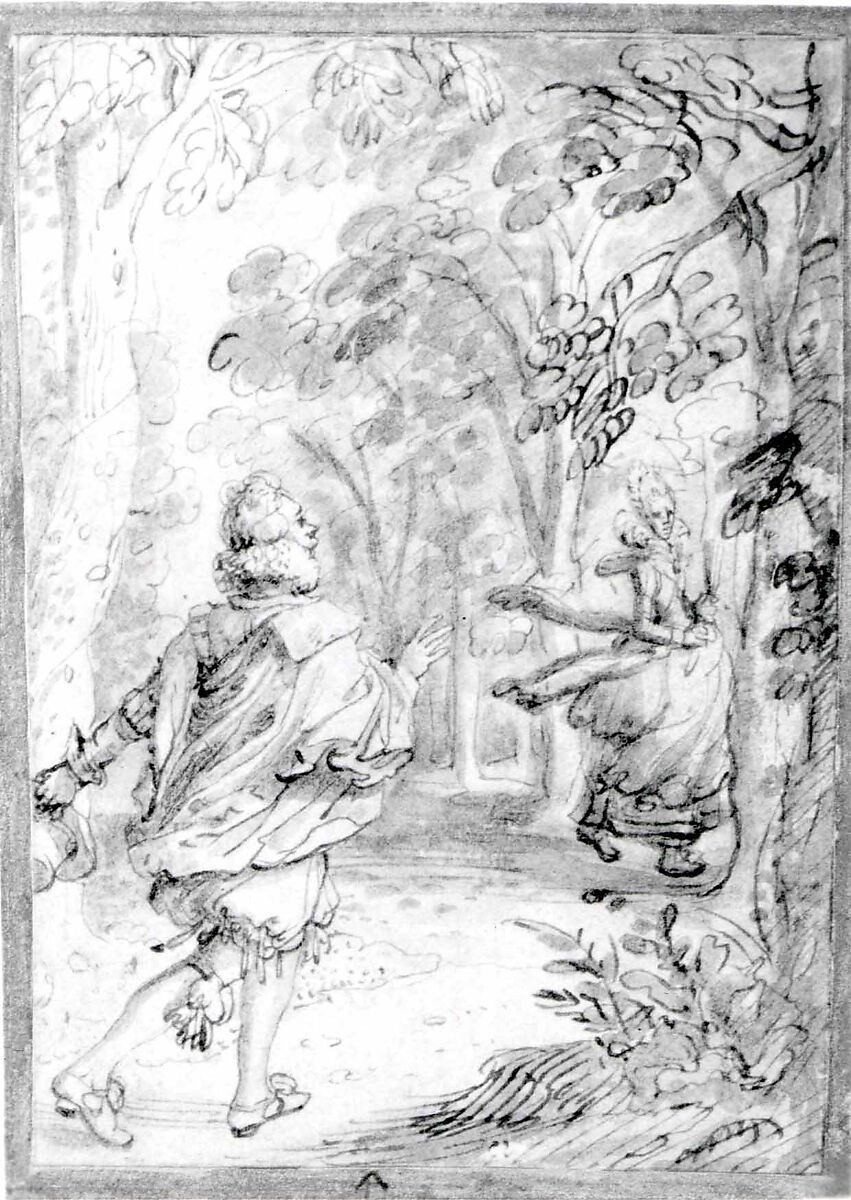 A Young Man Pursuing His Beloved into the Woods, David Vinckboons (Netherlandish, Mechelen 1576–1629 Amsterdam), Pen and brown ink, bluish gray and brown washes.