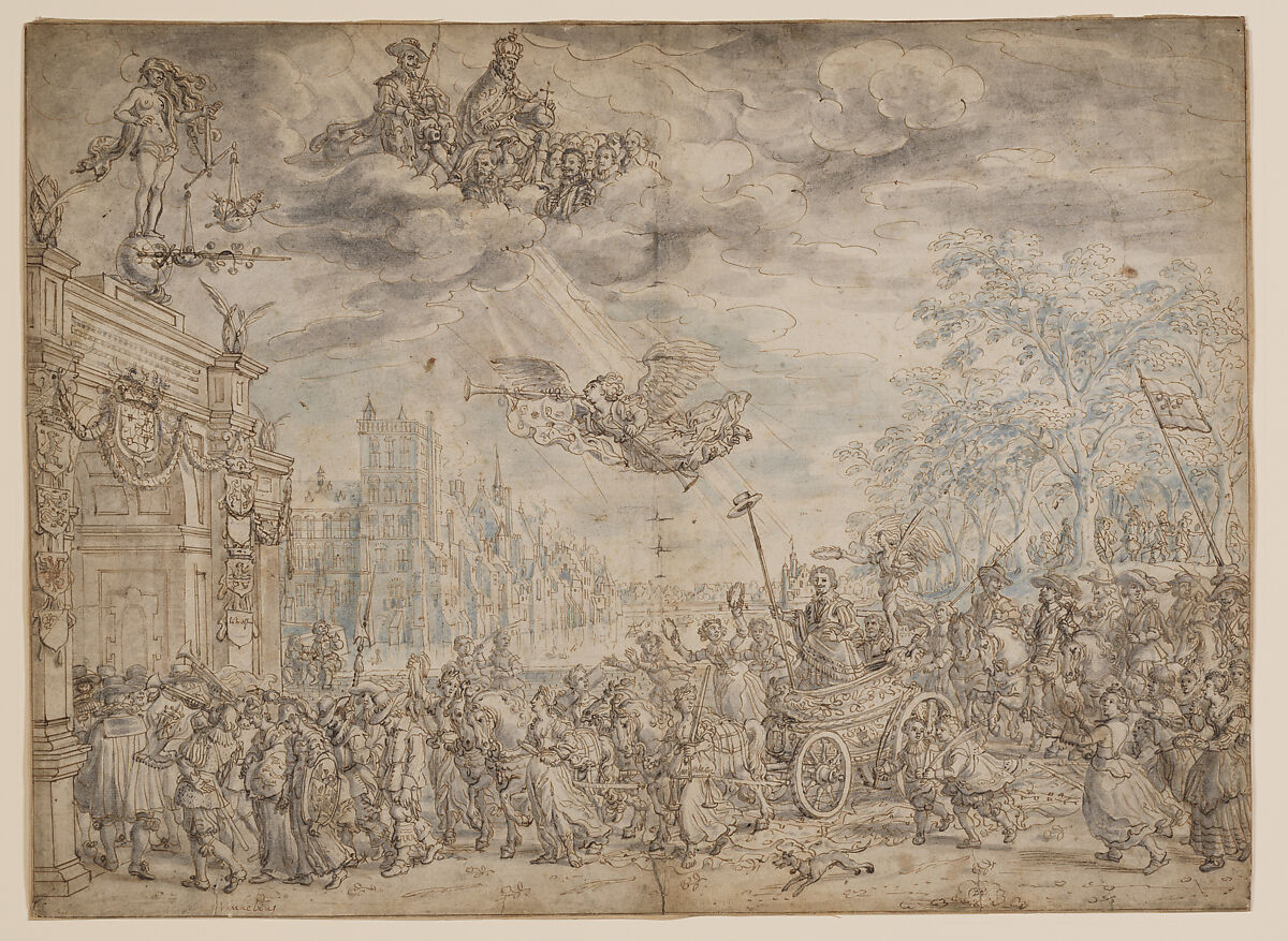 The Triumphal Entry of Frederik Hendrik of the Orange into The Hague, David Vinckboons (Netherlandish, Mechelen 1576–1629 Amsterdam), Pen and brown ink, gray and blue and brownish gray washes over black chalk. 