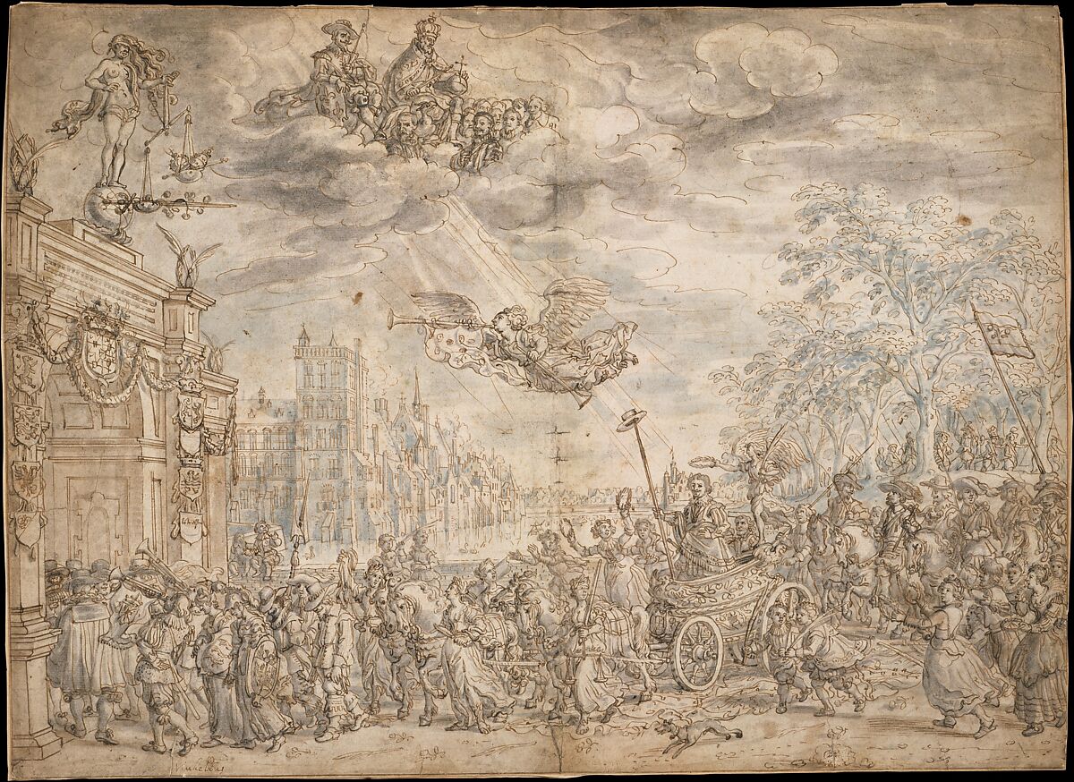 The Triumphal Entry of Frederik Hendrik of the Orange into The Hague, David Vinckboons (Netherlandish, Mechelen 1576–1629 Amsterdam), Pen and brown ink, gray and blue and brownish gray washes over black chalk.