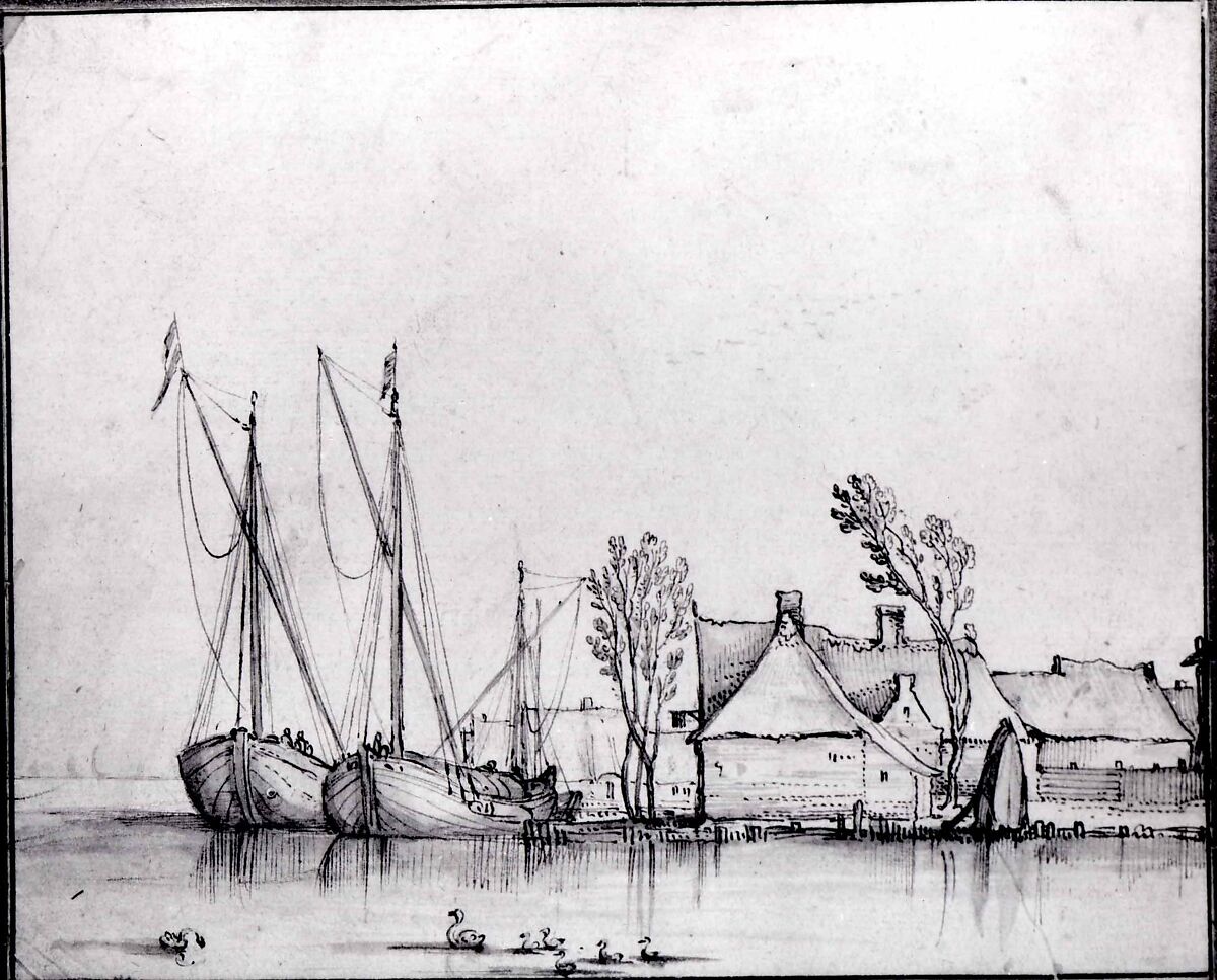 Barges Moored by Cottages, Style of Claes Jansz. Visscher the Younger (Amsterdam 1587–Amsterdam 1652), Pen and brown ink, brush and grayish brown ink, brown and grayish brown wash over black chalk.