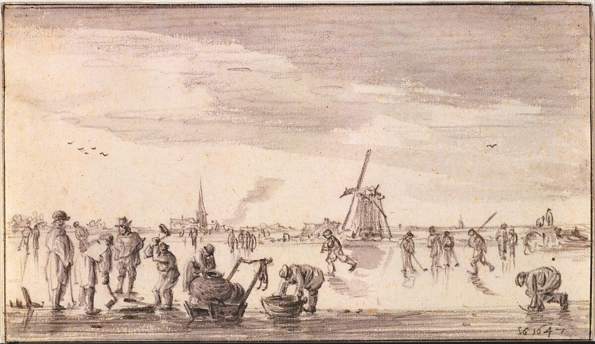 Winter Landscape with Skaters and Fishermen, Jan van Goyen  Dutch, Black chalk with gray wash; two framing lines, the first in brush and gray ink by Van Goyen himself, the second in pen and dark brown ink added later.