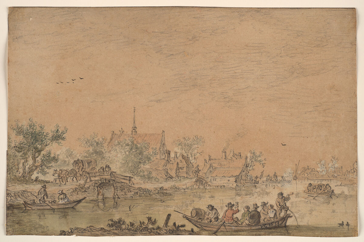 Boating Party on a River, Jan van Goyen (Dutch, Leiden 1596–1656 The Hague), Black chalk with pale washes (reddish brown in the sky, greenish gray in the water, green and gray in the trees, red in the figure in the boat). 