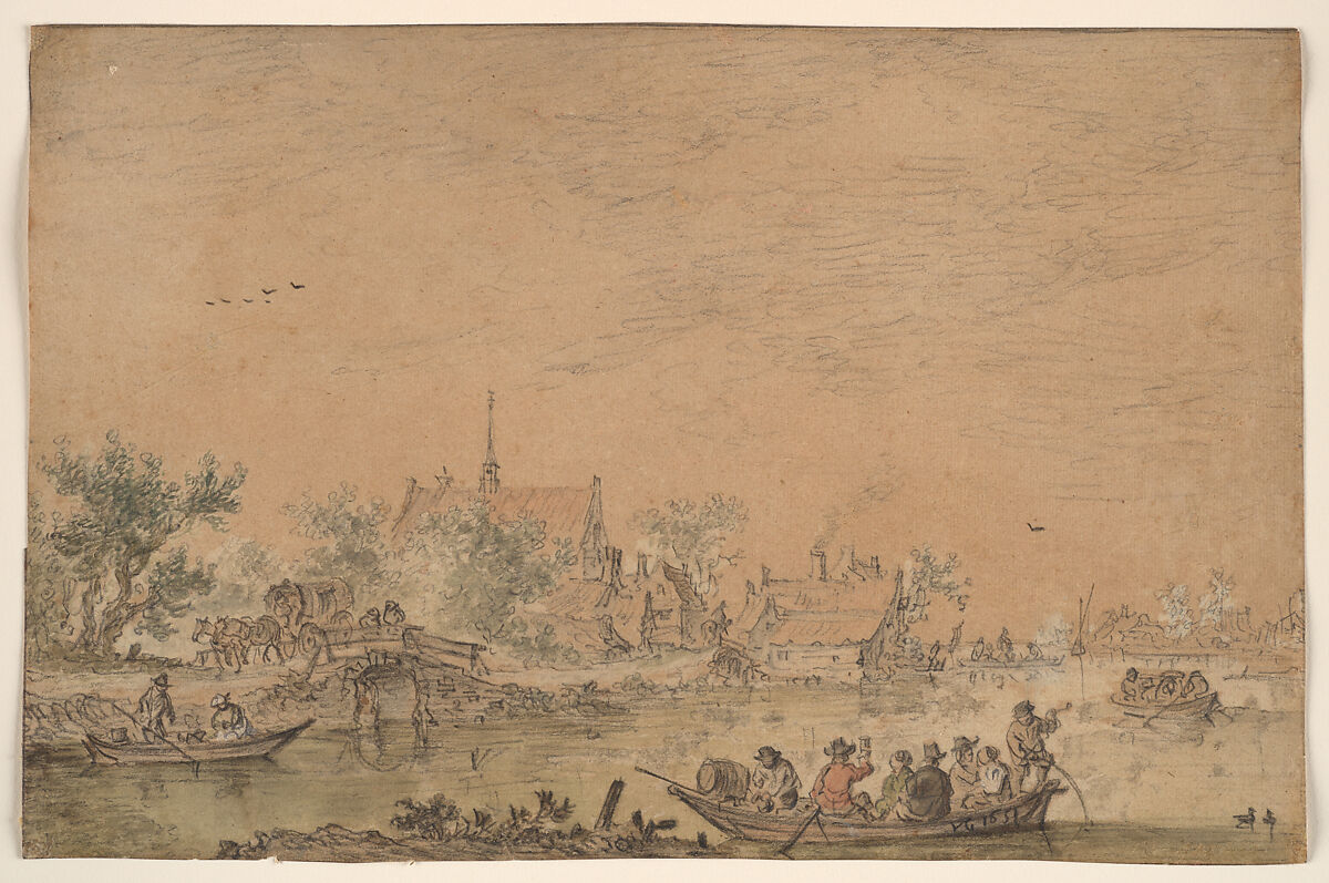 Boating Party on a River, Jan van Goyen  Dutch, Black chalk with pale washes (reddish brown in the sky, greenish gray in the water, green and gray in the trees, red in the figure in the boat).