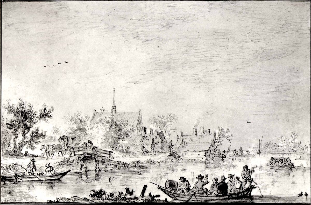 Boating Party on a River, Jan van Goyen (Dutch, Leiden 1596–1656 The Hague), Black chalk with pale washes (reddish brown in the sky, greenish gray in the water, green and gray in the trees, red in the figure in the boat).