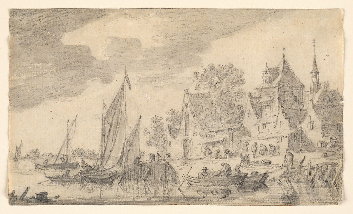 Landing Place by a Town, Style of Jan van Goyen (Dutch, Leiden 1596–1656 The Hague), Black chalk with gray wash 