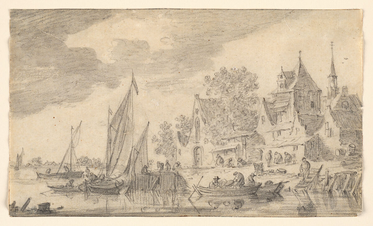 Landing Place by a Town, Jan van Goyen  Dutch, Black chalk with gray wash