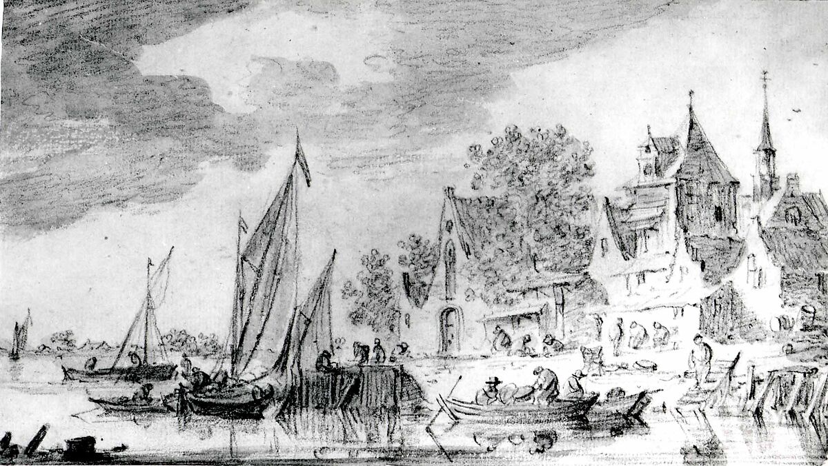Landing Place by a Town, Style of Jan van Goyen (Dutch, Leiden 1596–1656 The Hague), Black chalk with gray wash