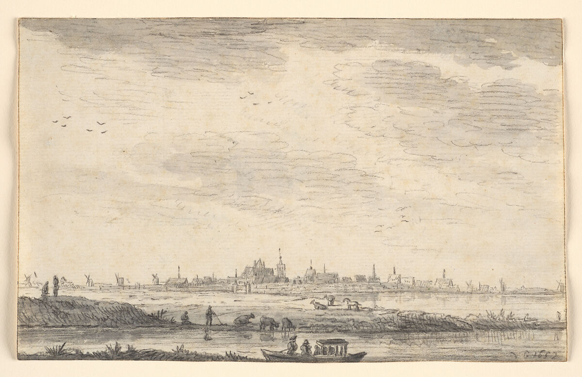 Distant Town Seen across Water and Fields, Style of Jan van Goyen (Dutch, Leiden 1596–1656 The Hague), Black chalk with gray wash 