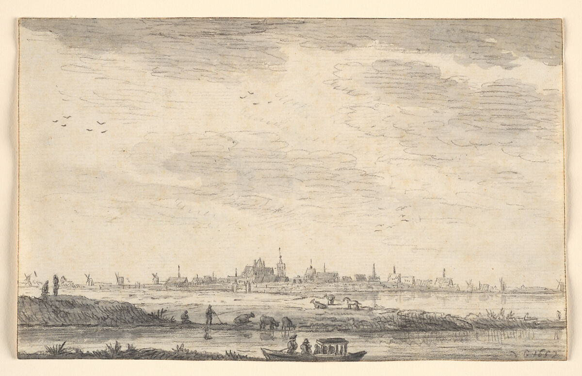 Distant Town Seen across Water and Fields, Jan van Goyen  Dutch, Black chalk with gray wash