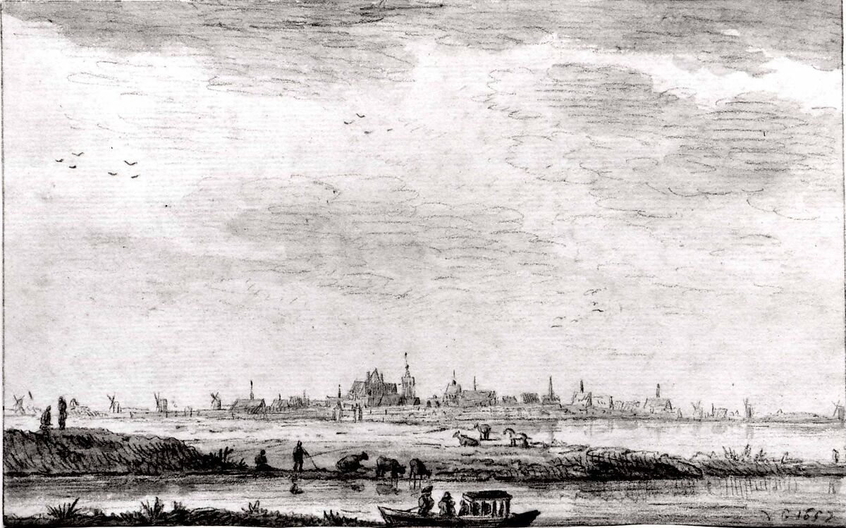 Distant Town Seen across Water and Fields, Style of Jan van Goyen (Dutch, Leiden 1596–1656 The Hague), Black chalk with gray wash